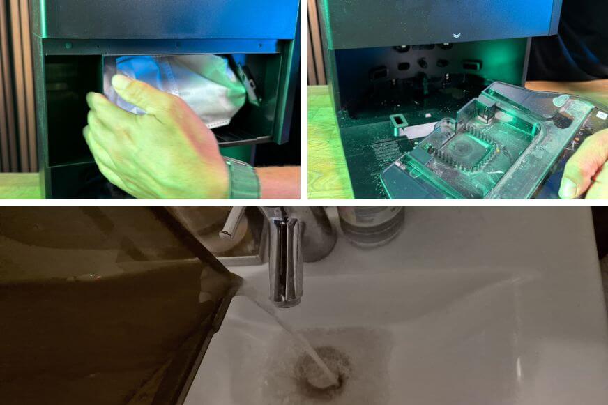 MOVA S70 Roller Basisstation wartung, der Staubbeutel wird herausgeholt, Schmutzwassertank entleert und Unterboden herausgenommen